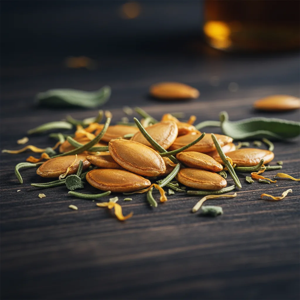 Pompoenzaad extract capsules macro-opname op donker houten oppervlak