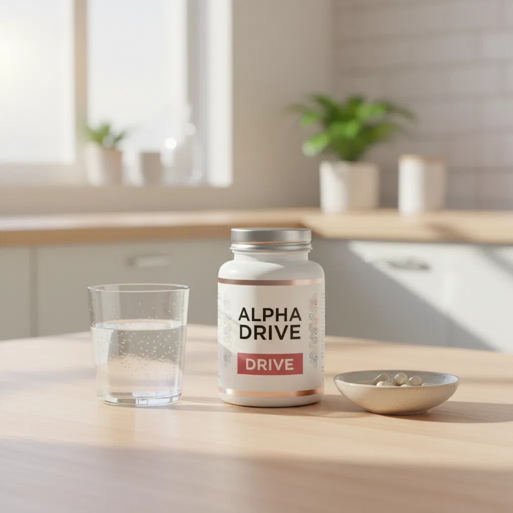 Alpha Drive pot naast pompoenzaden op houten ondergrond - mannelijk welzijn supplement